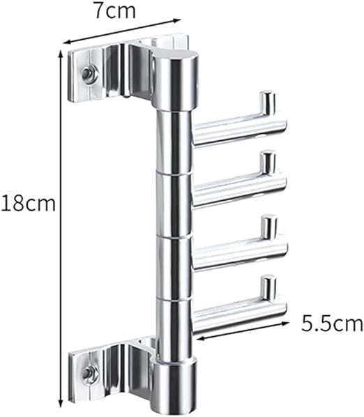 رف معطف دوار مع خطافات متعددة للحمام والتركيب على الحائط - رف مناشف عالي التحمل بأذرع دوارة عمودية، وشماعة قبعة وحامل مفاتيح (فضي، 4 أذرع)