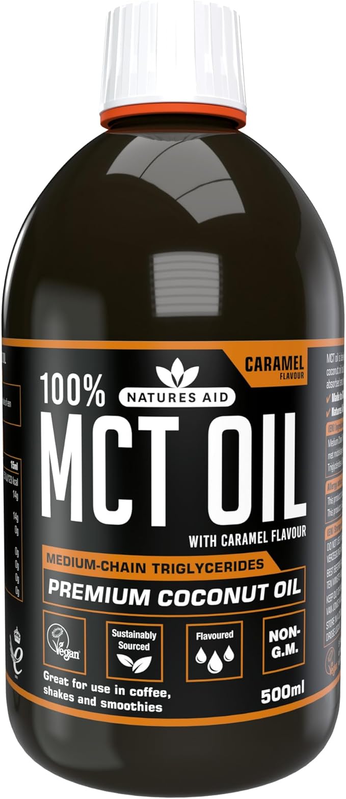 Natures Aid MCT Oil 500ml Caramel - Add to Coffee Shakes Smoothies or Dressings - 100 Percent Premium Coconut Oil Pure Sustainably Sourced Vegan Vegetarian GMP Standards Rapid Absorbed for Energy