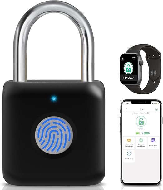 Fingerprint Padlock, Pothunder Padlock, Locker Lock, Combination Lock, Fingerprint Lock with APP Unlock, USB Rechargeable, Suitable for Gym Locker, Door, Locker(Black)