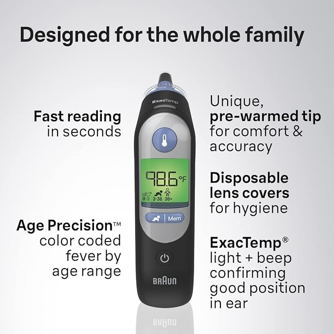 Braun ThermoScan 7 - مقياس حرارة رقمي للأذن للأطفال والرضع والأطفال الصغار والبالغين - نتائج سريعة ولطيفة ودقيقة في ثانيتين - أسود