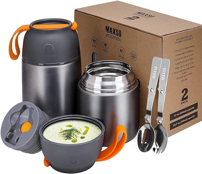 MAXSO 2 Pack Soup Thermo for Hot & Cold Food for Kids Adults, Vacuum Insulated Food Jar Thermal Lunch Containers, Travel Food Flask with Spoon (24oz,17oz) (Grey)