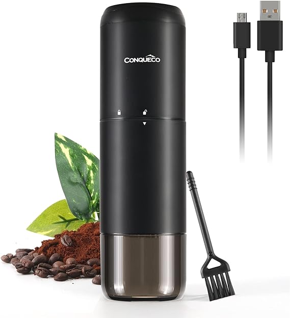 CONQUECO Portable Electric Coffee Grinder: Coffee Grinder with Rechargeable Battery - Professional Conical Grinder - Fine Grind Coffee Seed for Outdoor Camping Office - Black