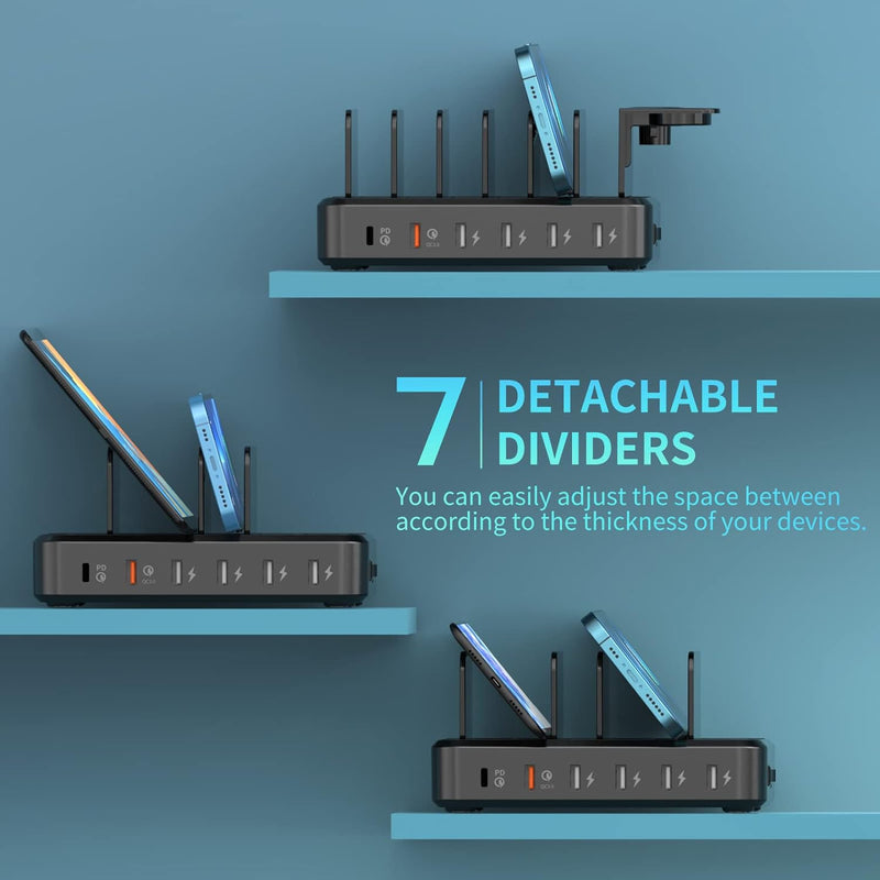 ockered Charging Station for Multiple Devices with 6 USB Fast Ports and 8 Short Mixed Cables