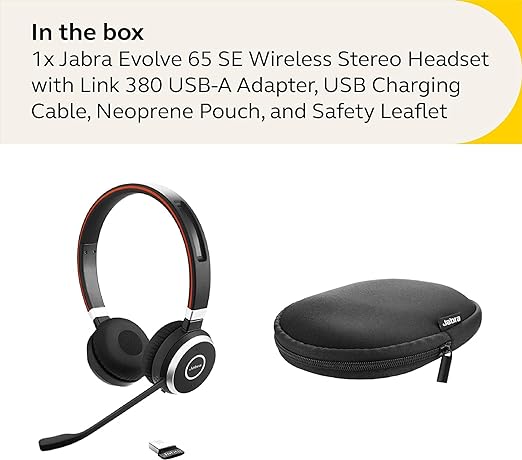 Jabra evolve 65 se wireless stereo headset - bluetooth headset with noise-cancelling microphone, long-lasting battery and charging stand - m