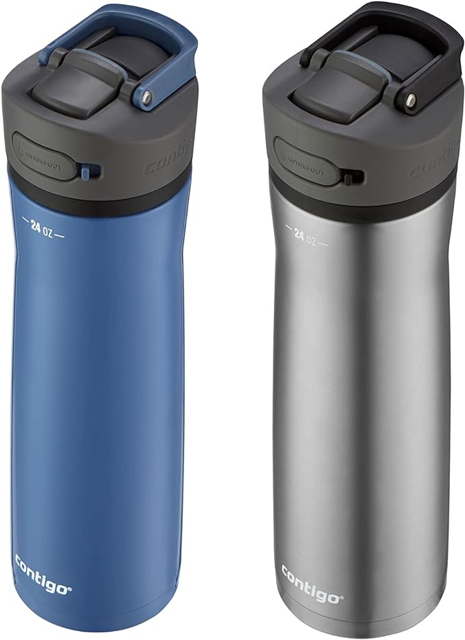 Contigo Ashland Chill 2.0 Stainless Steel Water Bottle with Leak-Proof Lid and Angled Straw, Vaccum-Insulated Water Bottle with Handled Lid, 24oz 2-Pack, Blue Corn & Steel