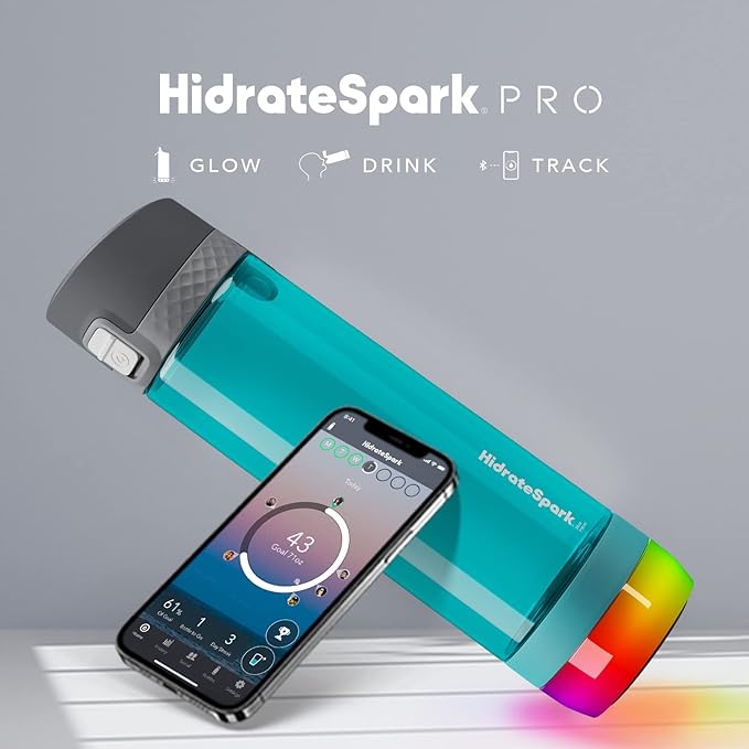 Hidrate Spark PRO Lite Smart Water Bottle – Tritan Plastic – Tracks Water Intake with Bluetooth, LED Glow Reminder When You Need to Drink – Chug Lid, 24 oz, Sea Glass