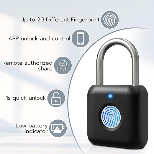 Fingerprint Padlock, Pothunder Padlock, Locker Lock, Combination Lock, Fingerprint Lock with APP Unlock, USB Rechargeable, Suitable for Gym Locker, Door, Locker(Black)