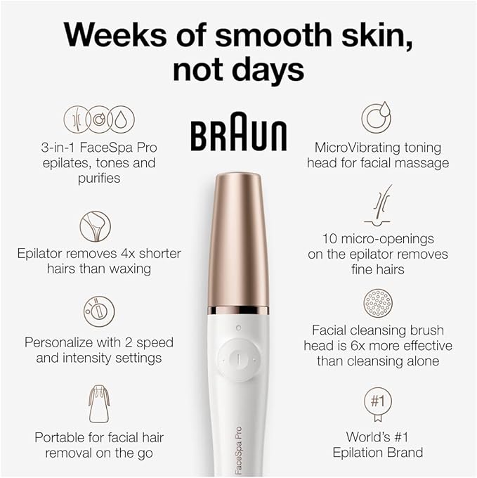 Braun Face Epilator Facespa Pro 911, Facial Hair Removal for Women, 3-in-1 Epilating, Cleansing Brush and Skin Toning with 3 extras