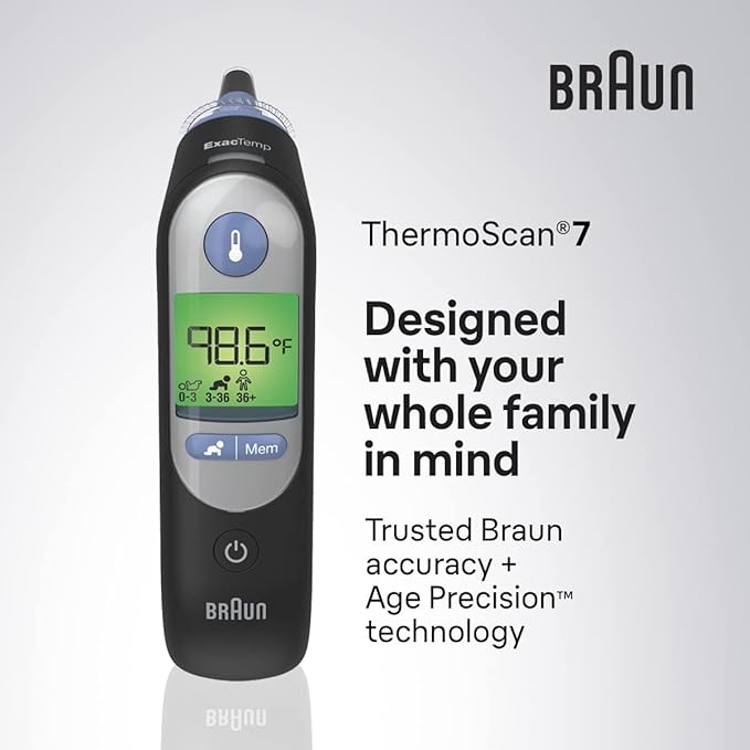 Braun ThermoScan 7 - مقياس حرارة رقمي للأذن للأطفال والرضع والأطفال الصغار والبالغين - نتائج سريعة ولطيفة ودقيقة في ثانيتين - أسود