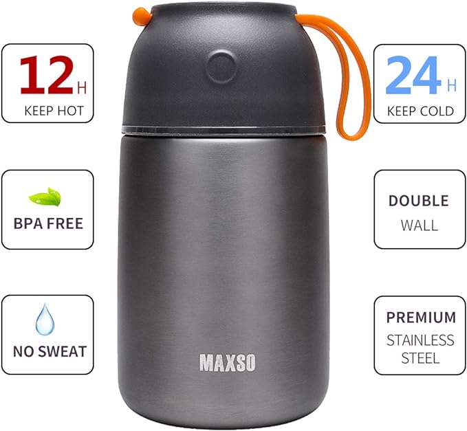 MAXSO 2 Pack Soup Thermo for Hot & Cold Food for Kids Adults, Vacuum Insulated Food Jar Thermal Lunch Containers, Travel Food Flask with Spoon (24oz,17oz) (Grey)