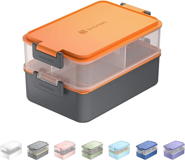 linoroso Lunch Box Adult Lunch Box with 3 Compartments Bento Box with Sauce Container and Crockery Lunch Box for Microwave and Dishwasher Plastic BPA-Free - Orange