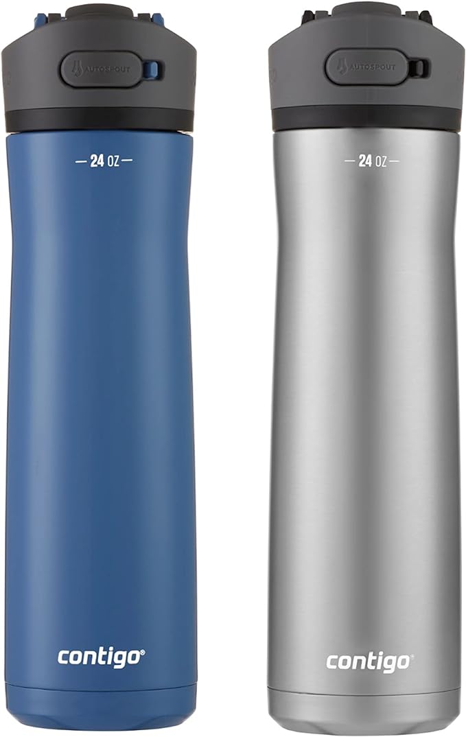 Contigo Ashland Chill 2.0 Stainless Steel Water Bottle with Leak-Proof Lid and Angled Straw, Vaccum-Insulated Water Bottle with Handled Lid, 24oz 2-Pack, Blue Corn & Steel