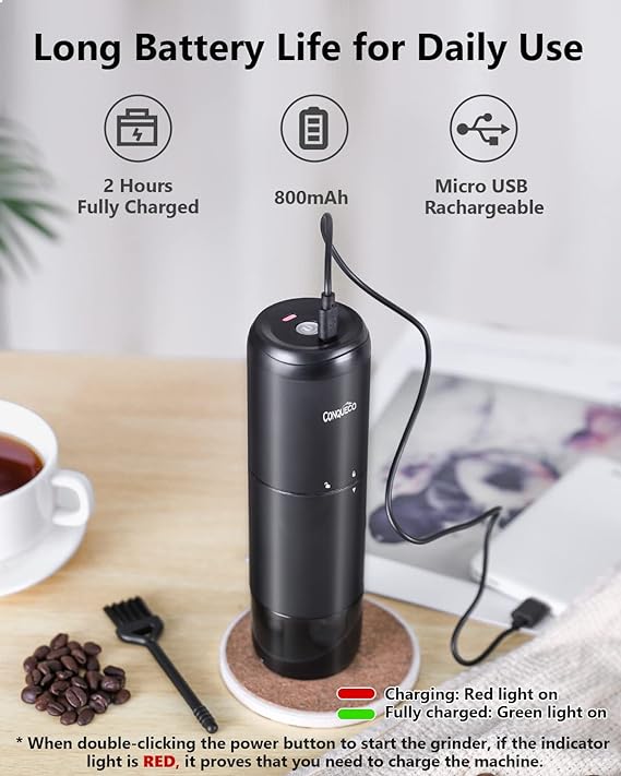 CONQUECO Portable Electric Coffee Grinder: Coffee Grinder with Rechargeable Battery - Professional Conical Grinder - Fine Grind Coffee Seed for Outdoor Camping Office - Black