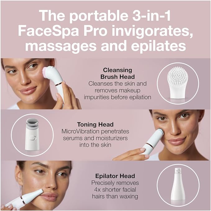 Braun Face Epilator Facespa Pro 911, Facial Hair Removal for Women, 3-in-1 Epilating, Cleansing Brush and Skin Toning with 3 extras