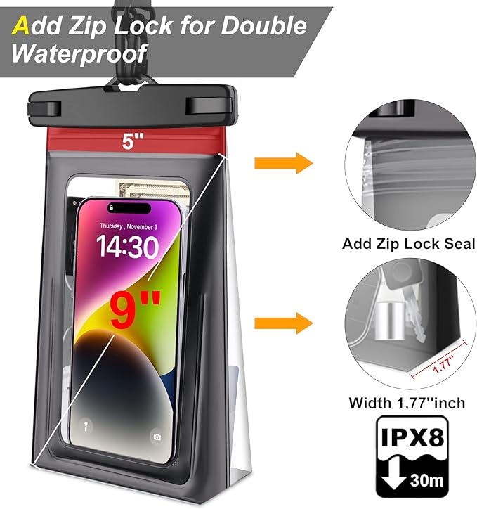 [Zip Lock] 2 Pack 9" Waterproof Phone Pouch Floating, Holiday Essentials Accessories Cell Phone Big Dry Bag for iPhone 15 14 13 12 11 Plus Pro Max Samsung S20-S24 Ultra, Case for Swimming Vacation