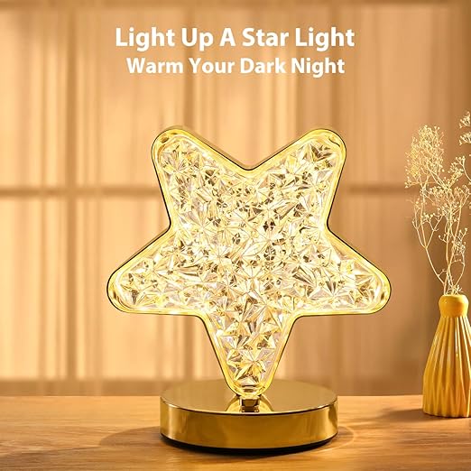 Lewondr Star Table Lamp, Continuously Dimmable LED Lamp with 3 Colours, Rechargeable Bedside Lamp with USB Connection, Crystal Star Light,