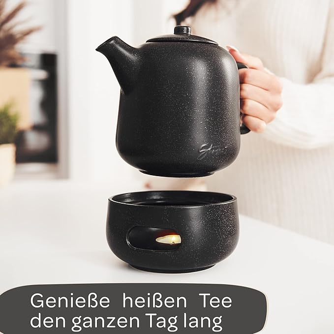 STEINZEIT Design Teapot with Warmer (1.3 L) - Teapot with Strainer Insert Made of 304 Stainless Steel - Ceramic Teapot with Unique Glaze - Removable Teapot with Strainer - Black