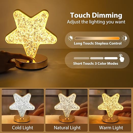 Lewondr Star Table Lamp, Continuously Dimmable LED Lamp with 3 Colours, Rechargeable Bedside Lamp with USB Connection, Crystal Star Light,