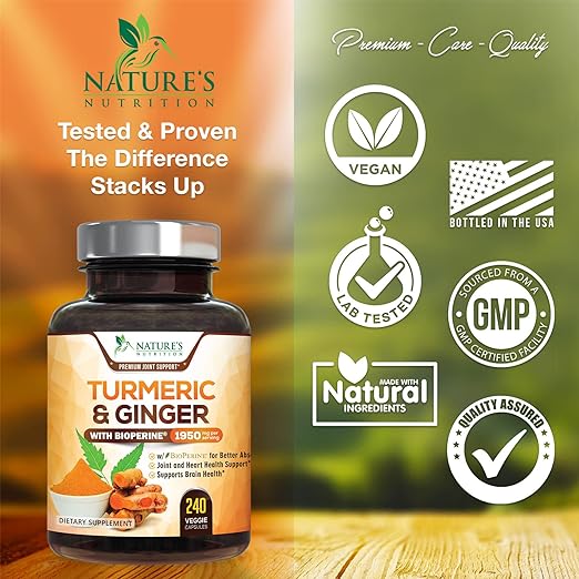 Turmeric Curcumin with BioPerine & Ginger 95% Standardized Curcuminoids 1950mg - Black Pepper for Max Absorption, Natural Joint Support, Nat