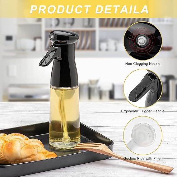 Olive Oil Sprayer for Cooking - 200ml Glass Oil Dispenser Bottle Spray Mister - Refillable Food Grade Oil Vinegar Spritzer Sprayer Bottles for Kitchen, Air Fryer, Salad, Baking, Grilling, Frying