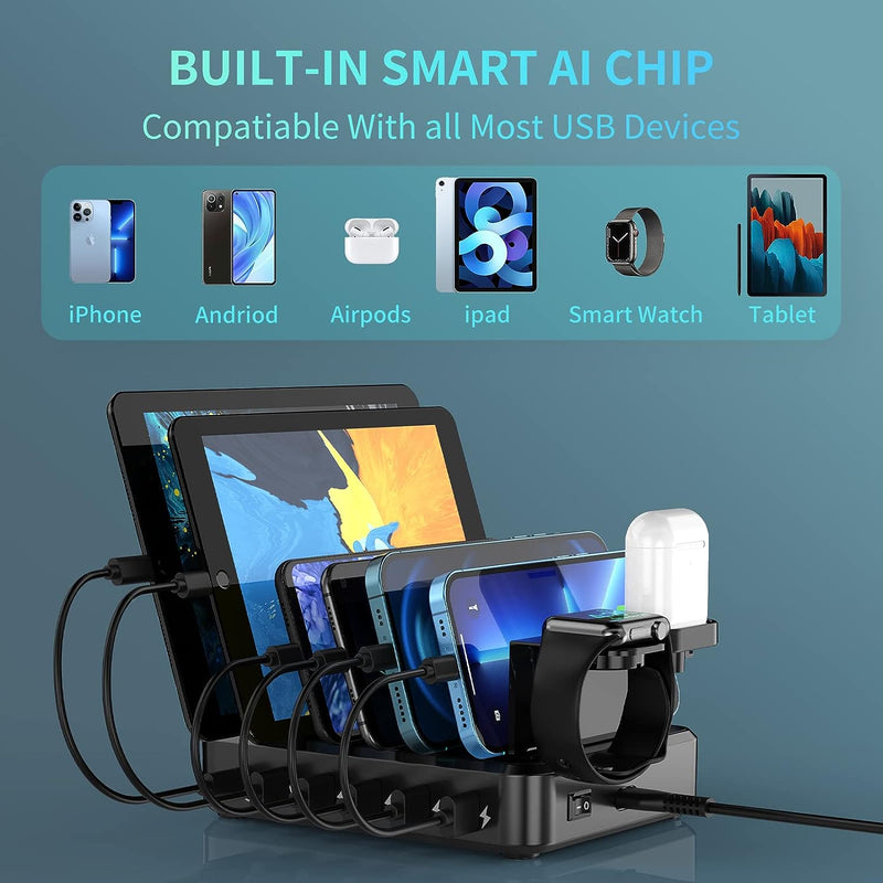 ockered Charging Station for Multiple Devices with 6 USB Fast Ports and 8 Short Mixed Cables