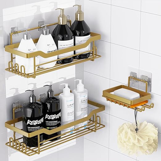 BATHDESIGN Adhesive Shower Shelves, 3 Pack Shower Caddy with Soap Holder, Shower Shelves for Inside Shower, No Drilling Wall Mounted Bathroom Shower Shelves, Mattle Gold Shower Caddy Shelves