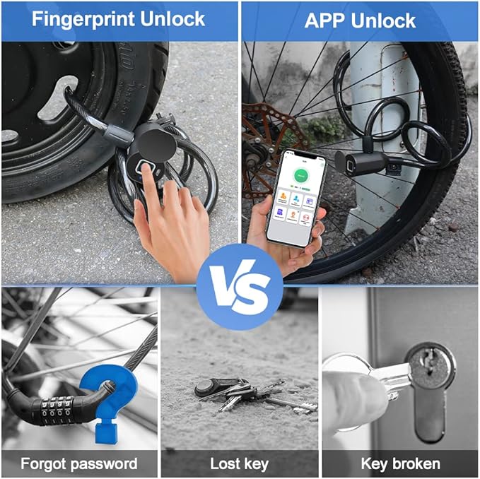 Electronic Cable Lock eLinkSmart Bicycle Lock Fingerprint with Fingerprint / Phone App / iOS Watch 150 cm Length Waterproof Keyless Cable Bi