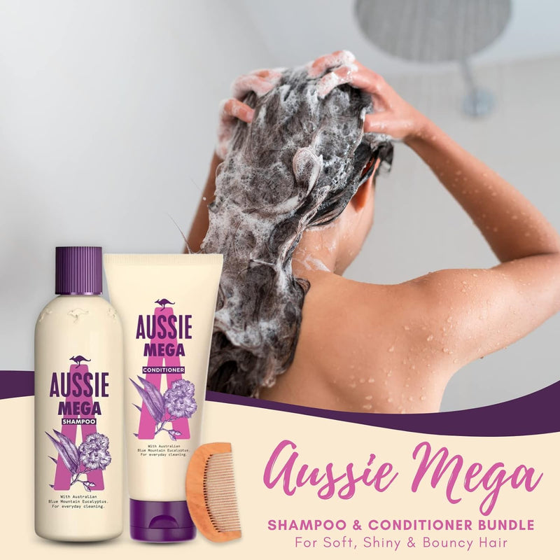 Ceces Home & Garden Mega Aussie Shampoo and Conditioner Bundle with 1x Mighty Mega Shampoo 300ml, Conditioner 250ml Curved Wooden Hair Comb