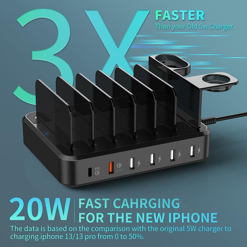 ockered Charging Station for Multiple Devices with 6 USB Fast Ports and 8 Short Mixed Cables