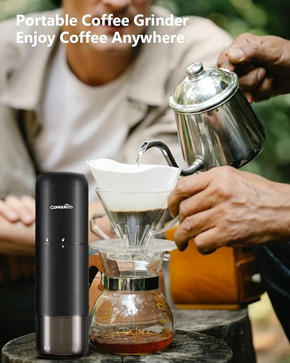 CONQUECO Portable Electric Coffee Grinder: Coffee Grinder with Rechargeable Battery - Professional Conical Grinder - Fine Grind Coffee Seed for Outdoor Camping Office - Black