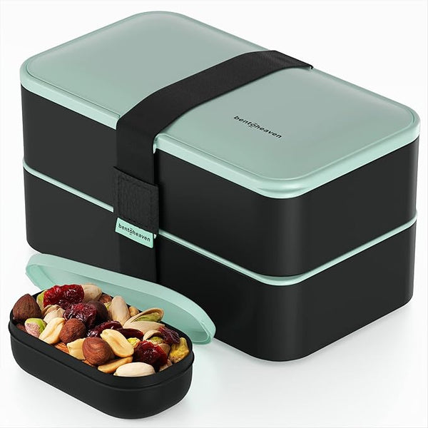 Bentoheaven Premium Bento Box Adult Lunch Box with Compartments for Women & Men, Set of Utensil & Chopsticks & Dip Container, Cute Japanese Kids Bento Lunch Box, Microwavable (Billie Green)