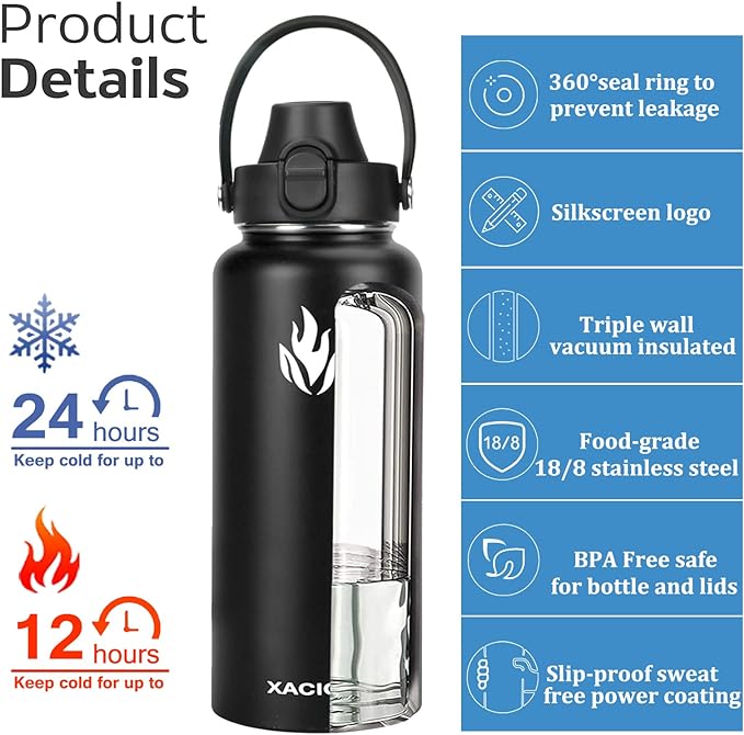 XACIDA 32oz Water Bottle,Vacuum Insulated Stainless Steel Water Flask with Straw Lid Auto Spout Lid Sport Lid,Leak Proof,Double Walled Travel Thermo Mug,Metal Canteen,Hot Cold Water Bottles