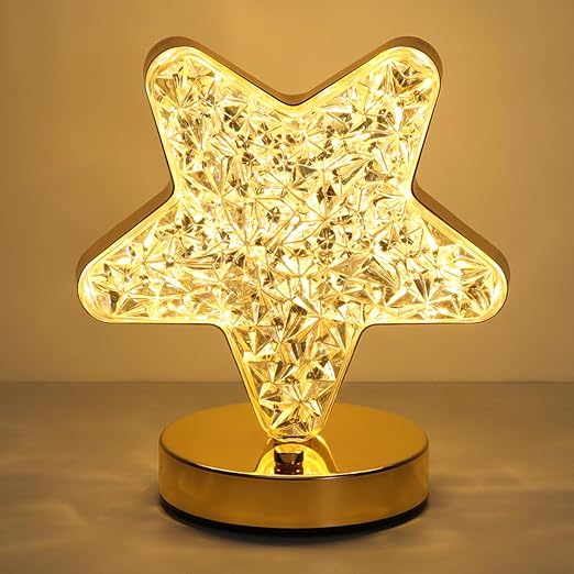 Lewondr Star Table Lamp, Continuously Dimmable LED Lamp with 3 Colours, Rechargeable Bedside Lamp with USB Connection, Crystal Star Light,