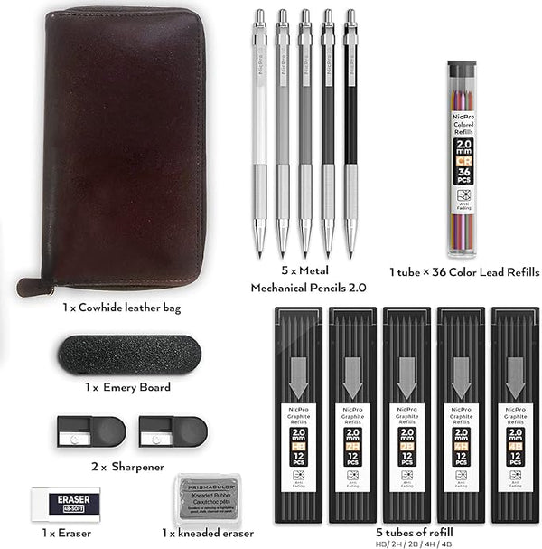 Nicpro 17PCS Metal 2mm Mechanical Pencil Set in Leather Case, 5 PCS 2.0 mm Lead Pencil Holders (4B 2B HB 2H 4H) 6 Tube Black Colored Lead Refills, Erasers, Sharpener For Art Drafting Sketching Drawing