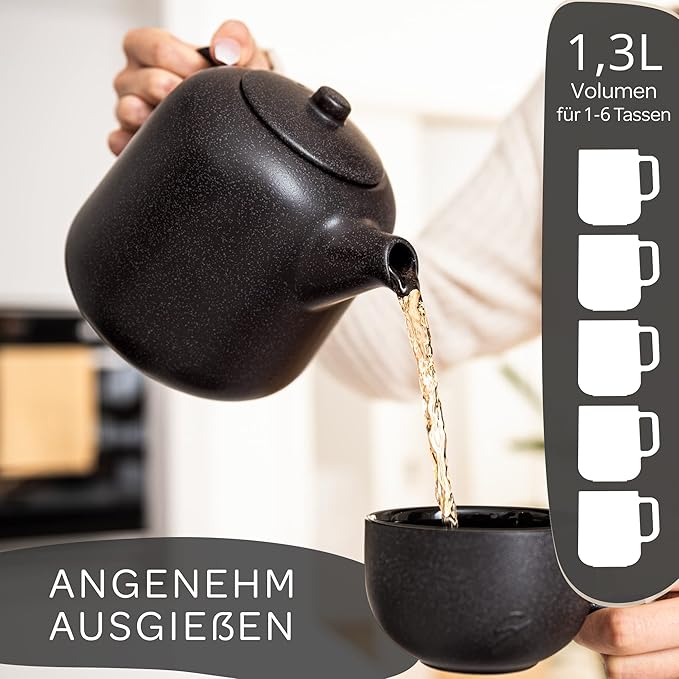 STEINZEIT Designer Teapot (1.3 L) – Teapot with Strainer Insert Made of 304 Stainless Steel – Ceramic Teapot with Unique Glaze – Removable Teapot with Strainer – Teapot Black