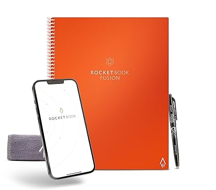 Rocketbook Fusion Smart Reusable Notebook - Calendar, To-Do Lists, and Note Template Pages with 1 Pilot Frixion Pen & 1 Microfiber Cloth Included - Beacon Orange Cover, Letter Size (8.5" x 11")