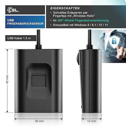 CSL - USB Fingerprint Sensor - Fingerprint Key - Up to 10 IDs - Windows 8 - 11 - Supports up to 10 IDs - Plug & Play - All-round Detection