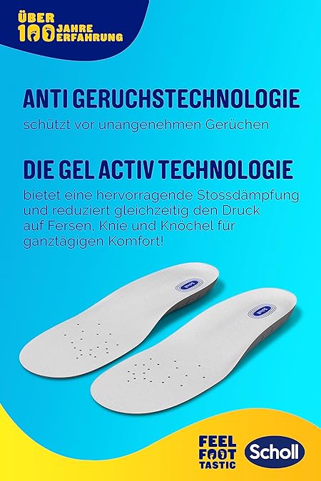 Scholl GelActiv Work Insoles for Work Shoes in 40-46.5 — For Heavily Stressed Feet — 1 Pair of Gel Soles, Black/Orange/Blue