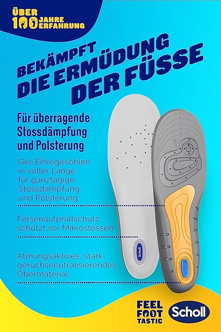 Scholl GelActiv Work Insoles for Work Shoes in 40-46.5 — For Heavily Stressed Feet — 1 Pair of Gel Soles, Black/Orange/Blue