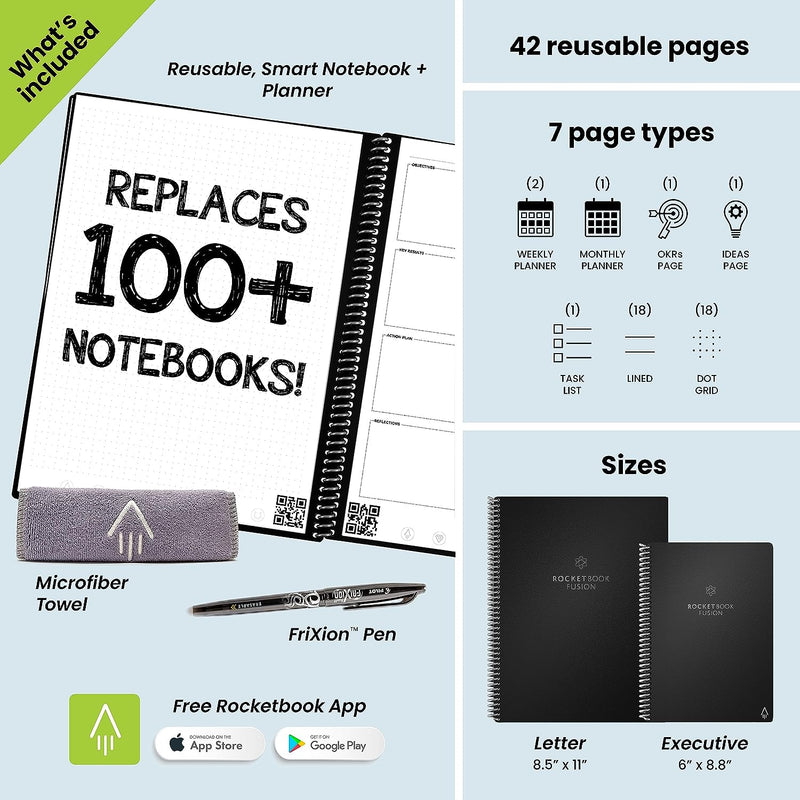 Rocketbook Fusion Smart Reusable Notebook - Calendar, To-Do Lists, and Note Template Pages with 1 Pilot Frixion Pen & 1 Microfiber Cloth Included - Plum Cover, Letter Size (8.5" x 11")