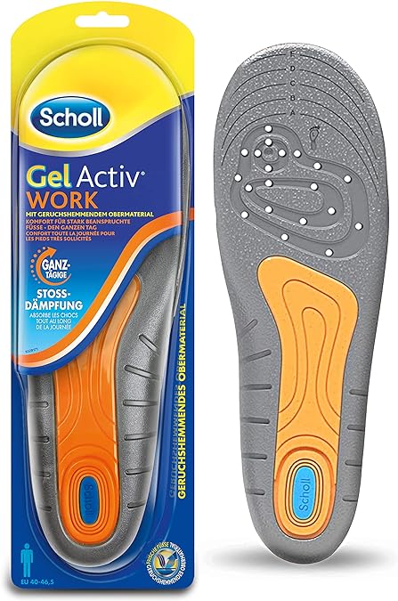 Scholl GelActiv Work Insoles for Work Shoes in 40-46.5 — For Heavily Stressed Feet — 1 Pair of Gel Soles, Black/Orange/Blue