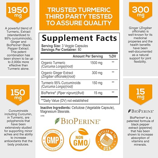 Turmeric Curcumin with BioPerine & Ginger 95% Standardized Curcuminoids 1950mg - Black Pepper for Max Absorption, Natural Joint Support, Nat