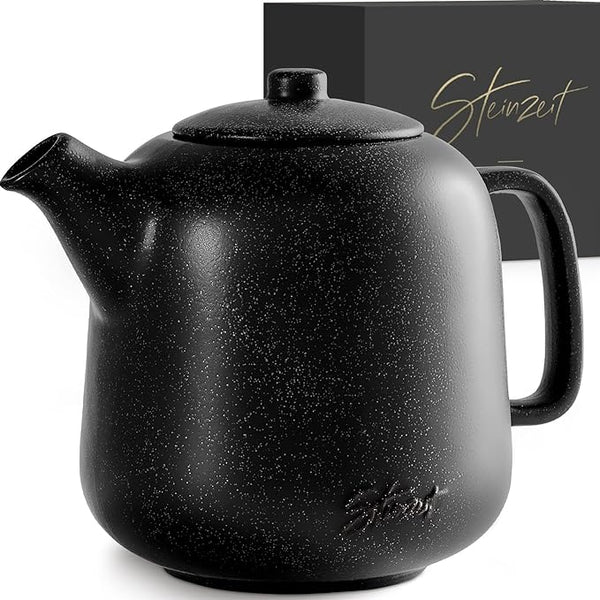 STEINZEIT Designer Teapot (1.3 L) – Teapot with Strainer Insert Made of 304 Stainless Steel – Ceramic Teapot with Unique Glaze – Removable Teapot with Strainer – Teapot Black