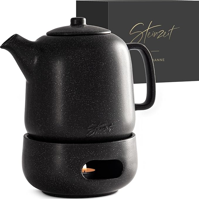 STEINZEIT Design Teapot with Warmer (1.3 L) - Teapot with Strainer Insert Made of 304 Stainless Steel - Ceramic Teapot with Unique Glaze - Removable Teapot with Strainer - Black