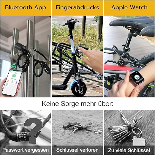 Bicycle Lock Fingerprint, Eseesmart Cable Lock with Fingerprint App, Bicycle Lock Long 1500 mm/12 mm, Waterproof, High Security for Bicycle, Tricycle, Scooter, Bike, Scooter