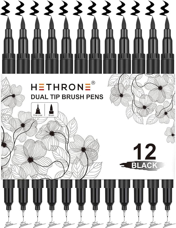 Hethrone Black Markers for Drawing - Marker Pens Brush Pens for Artists Felt Tip Pens Calligraphy Pens 12 Pack