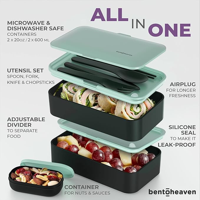 Bentoheaven Premium Bento Box Adult Lunch Box with Compartments for Women & Men, Set of Utensil & Chopsticks & Dip Container, Cute Japanese Kids Bento Lunch Box, Microwavable (Billie Green)