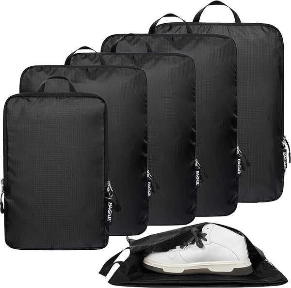 BAGAIL Ultralight Compression Packing Cubes with Travel Shoe Bag Super Thin and Sturdy 70D Nylon Expandable Packing Organizers for Travel Accessories Luggage Suitcase Backpack, 6 Set, Black