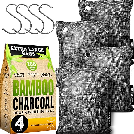 Nature Fresh Bamboo Charcoal Air Purifying Bags (4 Pack), Charcoal Bags Odor Absorber for Home and Car (Pet Friendly) - Charcoal Air Purifyi