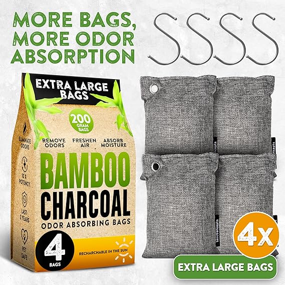 Nature Fresh Bamboo Charcoal Air Purifying Bags (4 Pack), Charcoal Bags Odor Absorber for Home and Car (Pet Friendly) - Charcoal Air Purifyi